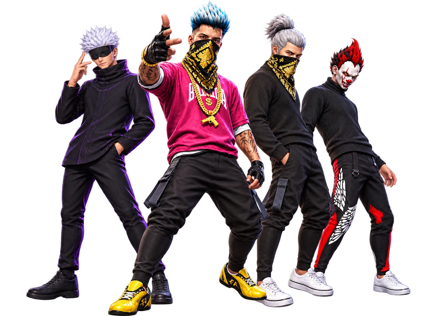 Four Free Fire MAX characters posing: a white-haired character in sunglasses, a blue-haired masked character pointing forward, a silver-haired masked character, and a red-haired clown character.